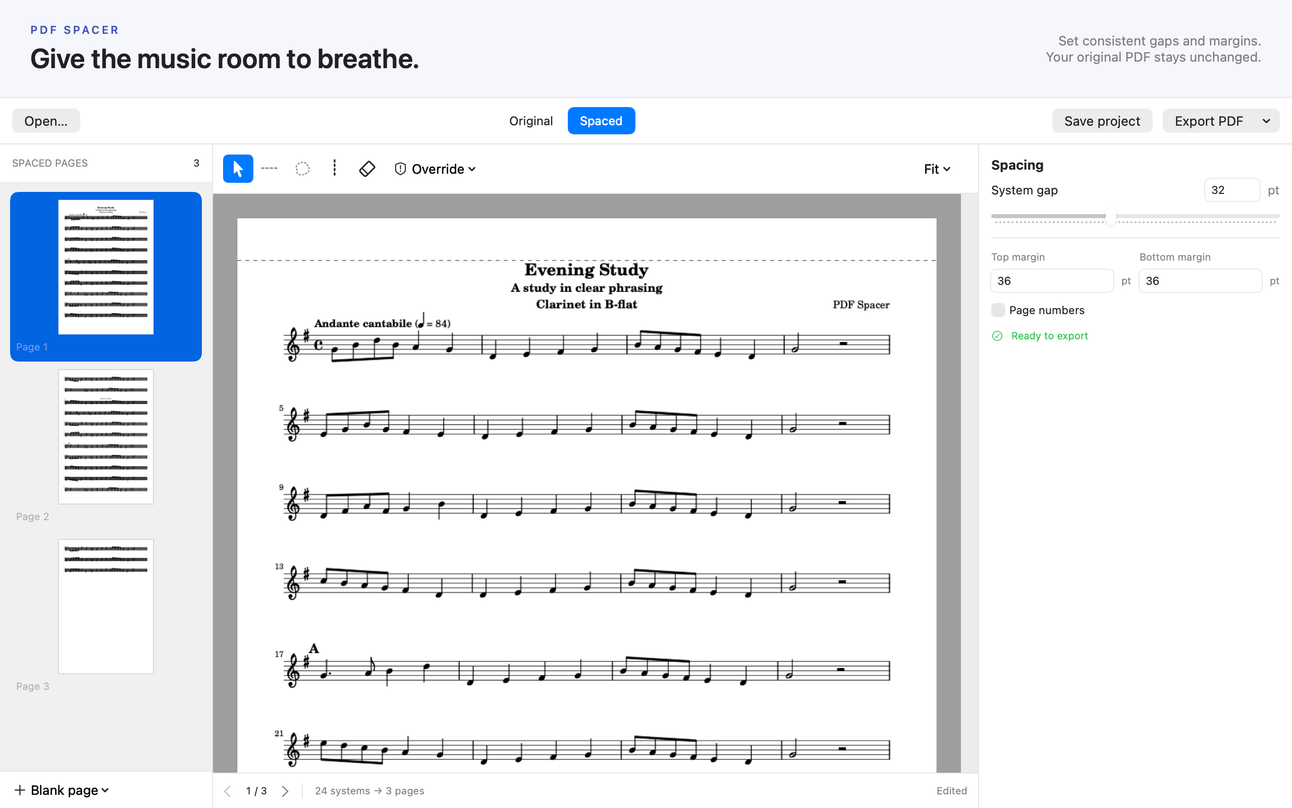 PDF Spacer for Mac showing sheet music with wider system spacing and page layout controls